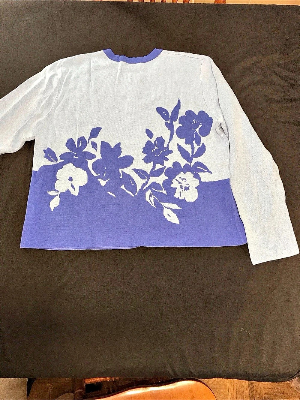 Stacy London Women's Top Sweater Sz M Floral Intarsia Cotton Knit Cardigan Blue